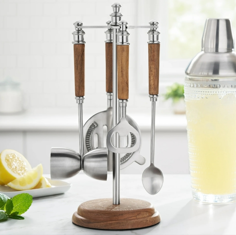 💕 2025 The Pioneer Woman Stainless Steel 5 Piece Bar Tool Set With Rack